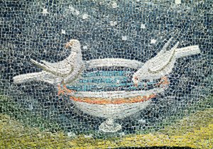 Kyyhkyset juovat kulhosta, n.430 jKr (mosaiikki)